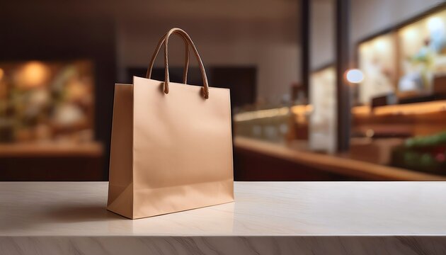 Elegant paper shopping bag with handles on a modern countertop, perfect for retail and branding concepts in a chic, upscale store setting.