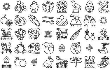 Set Of Linear Spring Season Outline Stroke Icons Web Header Banner Design Containing Food,Garden,Nature,Flower,Spring Stroke Icon Collection. Vector Illustration