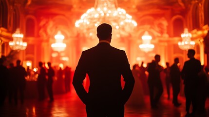 A detective in a grand ballroom, observing a highsociety event while discreetly following a suspect, with elegant guests dancing in the background