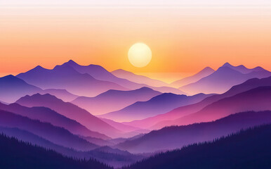 Obraz premium A breathtaking digital creation portraying the tranquility of a sunset over layered mountains, with rich hues of purple and orange, evoking a sense of calm and wonder.