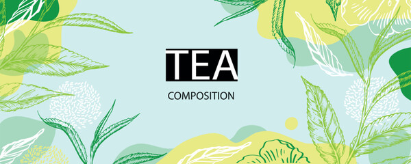 Green banner for tea design. Tea shop. A cup drawn in one line. Horizontal background.