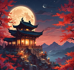 Fototapeta premium Mid-autumn festival background banner, image of a big full moon in the night sky.