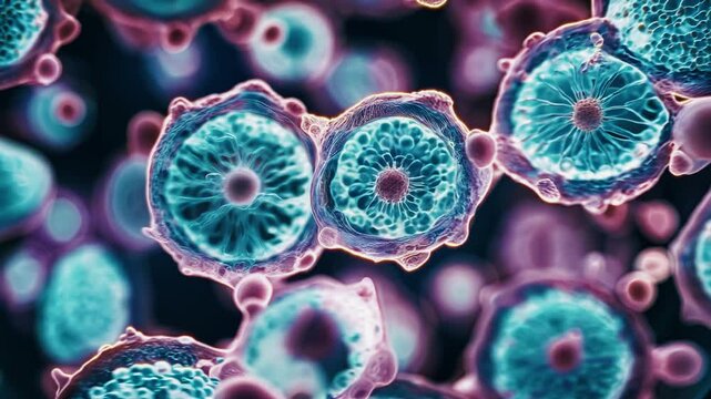 Strange evolving and multiplying microorganisms. Vivid luminous microscopic organisms. Sci-fi footage.
