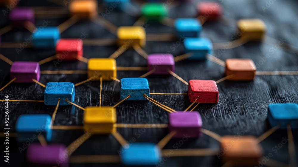 Poster close-up of interconnected colorful wooden blocks on a dark surface, symbolizing networking, communi