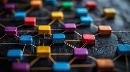 Obraz premium Close-up of interconnected colorful wooden blocks on a dark surface, symbolizing networking, communication, and connections in a complex system.