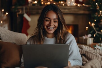 A smiling woman using a laptop in a cozy, festively decorated room. The image captures a moment of warmth, digital connection, and holiday cheer.