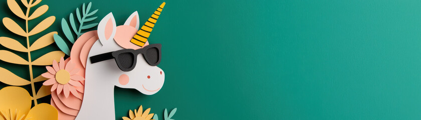 Whimsical unicorn wearing sunglasses surrounded by colorful paper flowers and leaves on a green background, evoking fun and creativity.