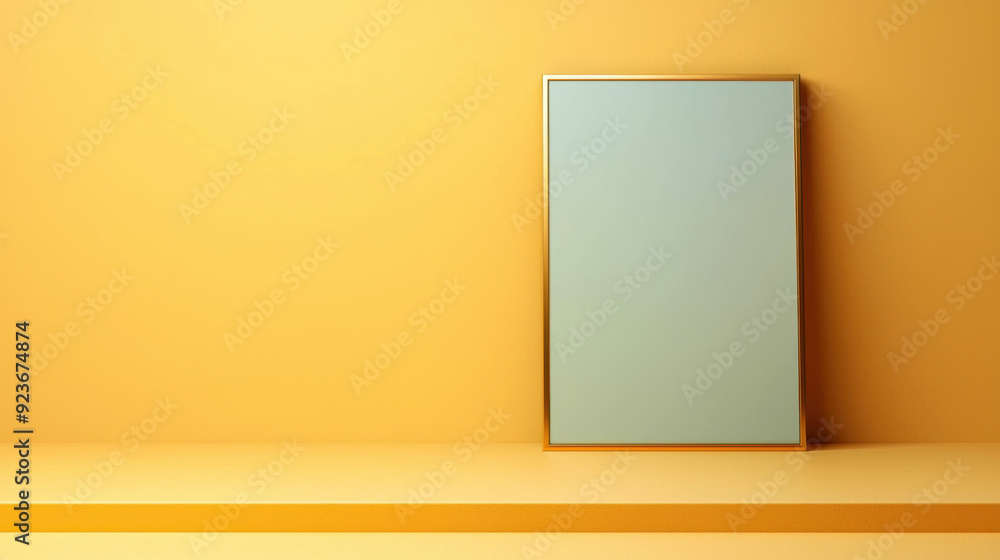 Poster minimalist of an empty picture frame with a gold border on a clean yellow background. ideal for desi