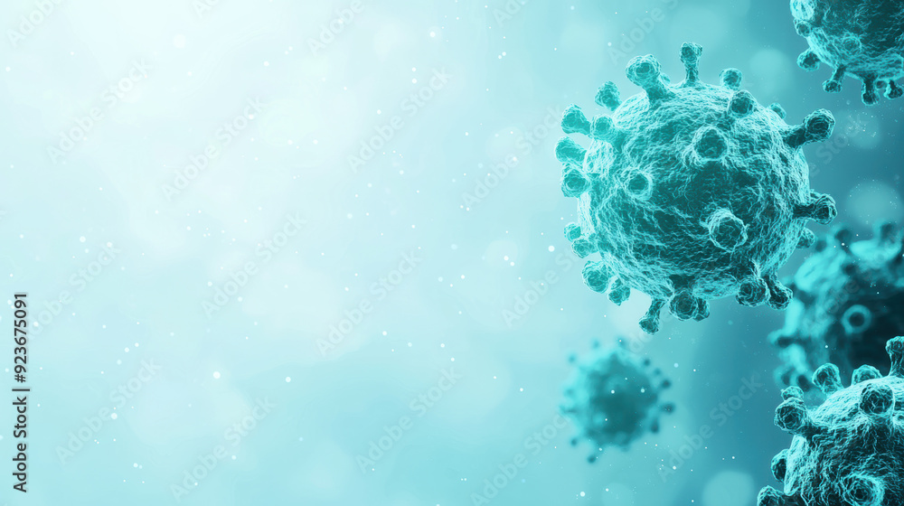 Poster abstract depiction of viruses floating in a blue gradient background, symbolizing microscopic entiti