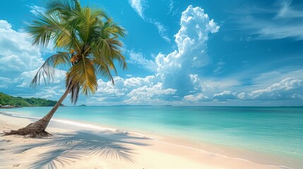 Obraz premium Tropical Beach with Palm Tree and Blue Sky