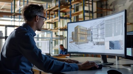 An architect designs an energy-efficient building using software to optimize materials and sustainability.