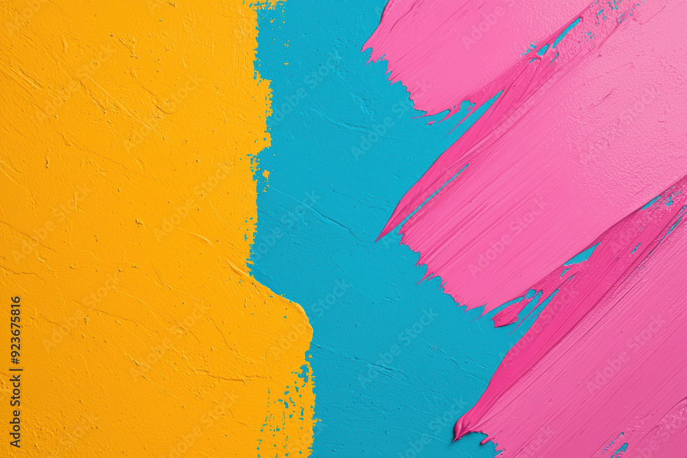 Poster abstract colorful background with vibrant pink, blue, and yellow paint strokes creating a dynamic te