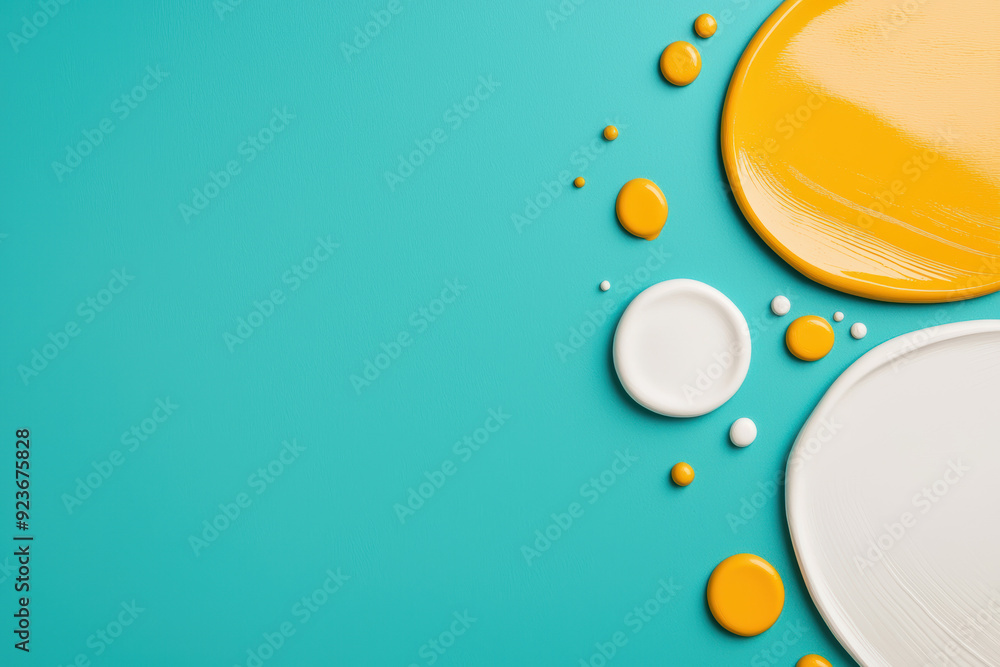 Poster vibrant teal background with splashes of yellow and white paint in the corner, creating a dynamic an