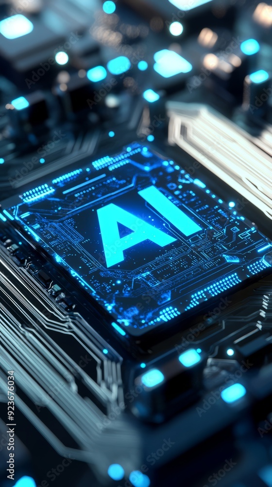 Poster 3d illustration of the chip with text ai, with a blue color scheme. the background features light gr