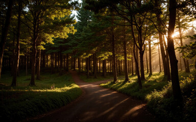 Naklejka premium Serene Forest Pathway Illuminated by Golden Sunlight During Early Evening