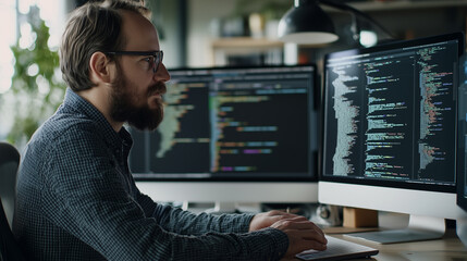 Fototapeta premium Software Developer Writing Code on Multiple Monitors