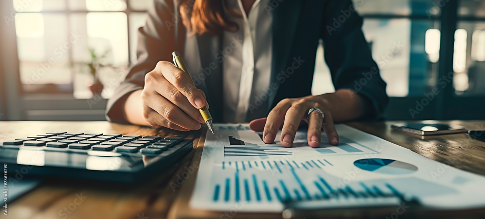 Poster a female business professional analyzing financial chart for growth strategy using a calculator and 
