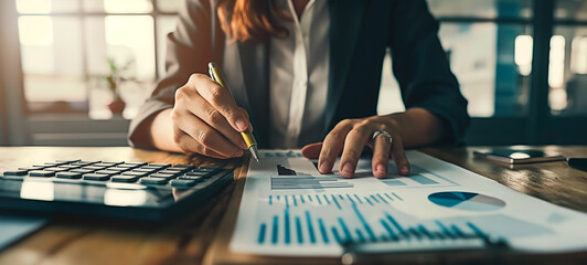 A female business professional analyzing financial chart for growth strategy using a calculator and graph with business data report.