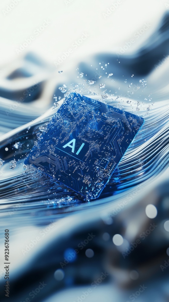 Aufkleber 3d illustration of the chip with text ai, with a blue color scheme. the background features light gr