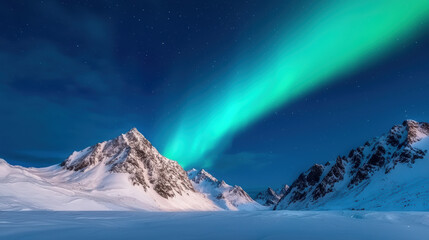 Spectacular view of aurora borealis over snowy mountain range under a starlit night sky, casting a vibrant green glow across the rugged landscape.