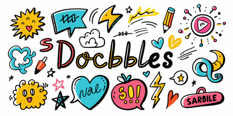 Doodle word scribble set, vector hand drawn sketch icon, messy handwriting lettering collection. Pencil ink wall inscription comic emotion sign, heart, stars, emphasis elements. Simple doodle word