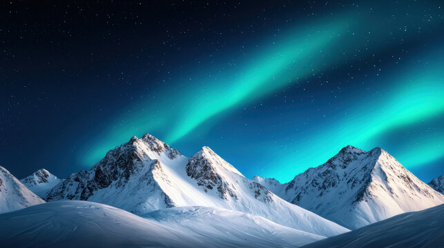 Captivating nighttime view of snowy mountain peaks under a vivid aurora borealis sky, casting a mesmerizing glow.
