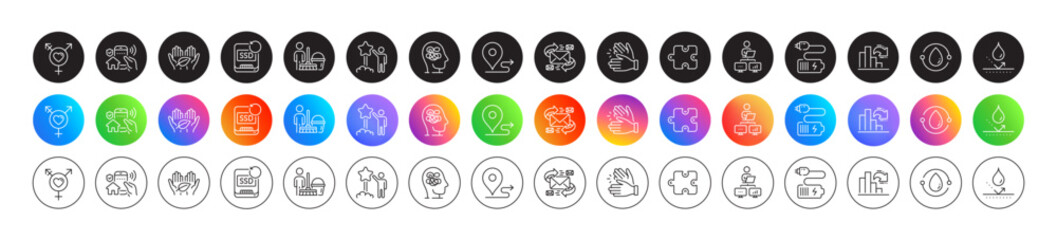 Work home, House security and Waterproof line icons. Round icon gradient buttons. Pack of Journey, Fair trade, E-mail icon. Battery, Cold-pressed oil, Decreasing graph pictogram. Vector