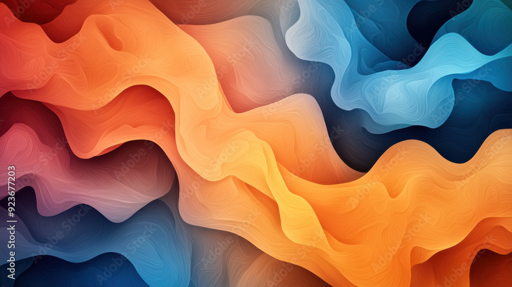 Poster abstract fluid texture in vibrant orange, blue, and red hues creating a dynamic flowing pattern. per