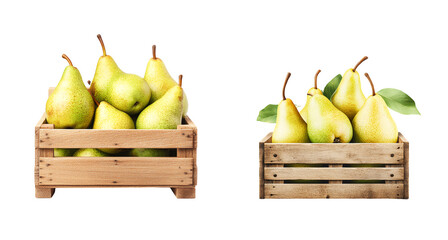 Fresh green pears in wooden crates, isolated on white background, healthy and organic fruit, perfect for natural food concept.