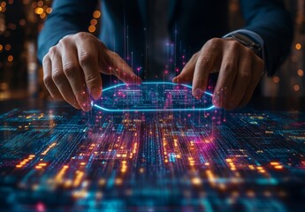 Businessman finalizing deals using holographic smart contracts, with data lines ensuring secure and transparent transactions