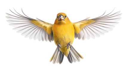Beautiful yellow bird in mid-flight with wings spread wide. Perfect stock photo for nature and bird enthusiasts.