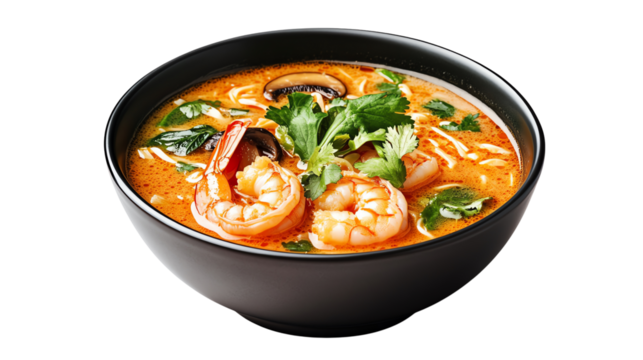 Delicious Tom Yum soup with shrimp, mushrooms, cilantro, and vibrant, spicy broth in a black bowl.