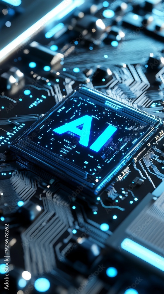 Poster 3d illustration of the chip with text ai, with a blue color scheme. the background features light gr