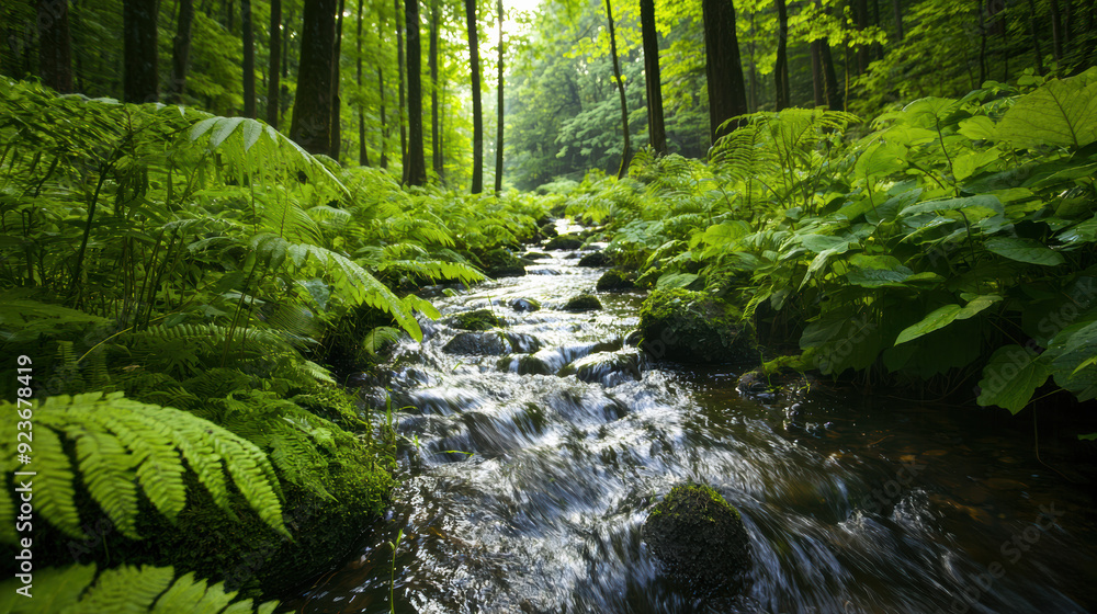 Aufkleber serene forest stream surrounded by lush green ferns and tall trees, creating a tranquil and refreshi