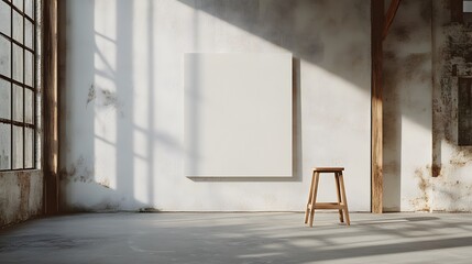 A white, blank canvas on the wall in a loft interior