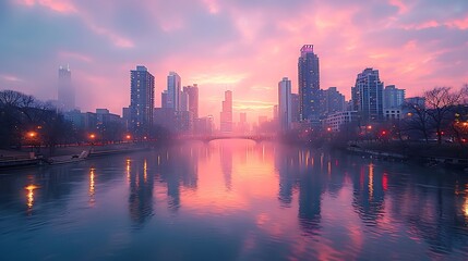 Obraz premium A modern city skyline at dusk, bathed in soft pastel colors of peach, lavender, and light blue. The calm river below reflects the serene hues, with gentle lights beginning to glow in the buildings.