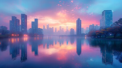 Fototapeta premium A modern city skyline at dusk, bathed in soft pastel colors of peach, lavender, and light blue. The calm river below reflects the serene hues, with gentle lights beginning to glow in the buildings.