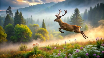 Majestic brown deer in mid-air, effortlessly leaping over a serene forest landscape with lush green trees, vibrant wildflowers, and a misty morning fog.