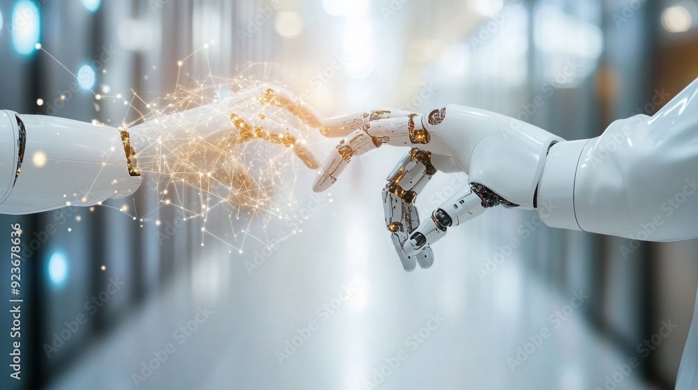 Poster Two advanced robotic hands reach out to each other, creating a spark of light in a sleek, modern hallway filled with futuristic energy