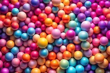 Many colorful big and small random spheres huge pile of colorful matte soft balls in different size