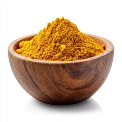 Golden Health Elixir: Pure Turmeric Powder in a Wooden Bowl on a Clean Background, Exuding the Vibrancy of Natural Healing and Wellness