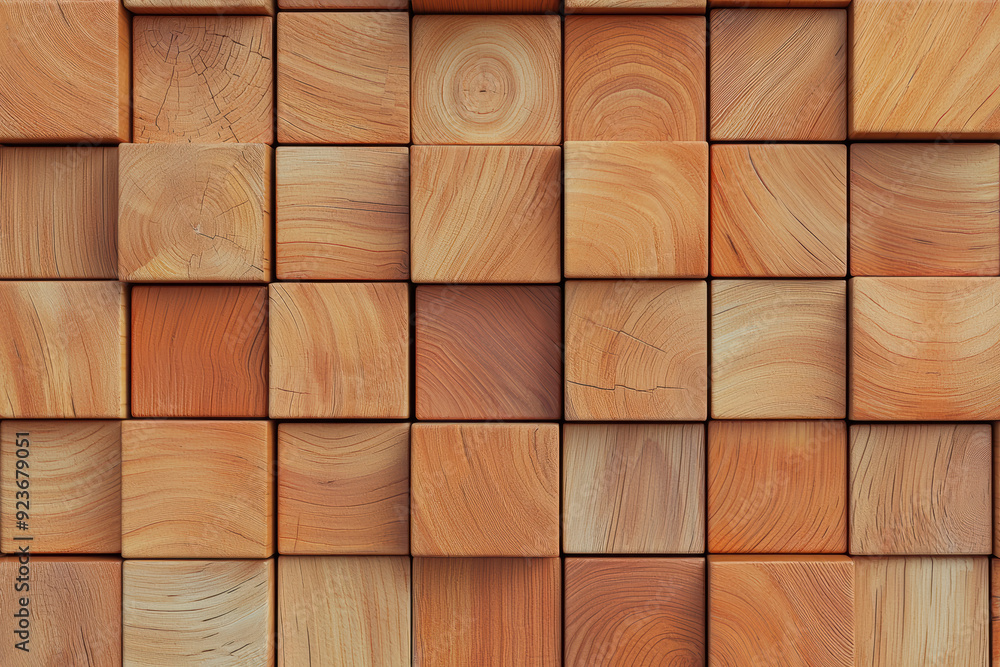 Poster abstract pattern of evenly arranged wooden blocks with varying textures and grain, creating a natura