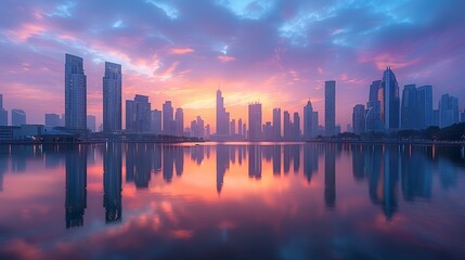 Fototapeta premium A serene dusk cityscape with a modern skyline bathed in pastel colors of peach, lavender, and light blue. The calm river mirrors the tranquil hues. Wide-angle shot, hd quality, natural look.