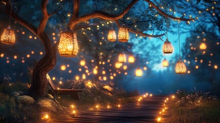 Obraz premium A forest clearing with lanterns suspended between trees, creating a magical, glowing grove