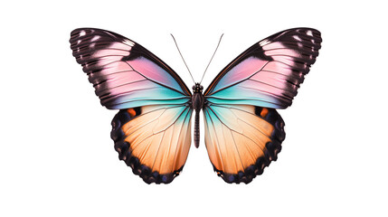 A vibrant butterfly with multicolored wings showcasing beautiful patterns, captured in a detailed, isolated view on a white background.