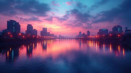 A serene dusk cityscape with a modern skyline bathed in pastel colors of peach, lavender, and light blue. The calm river mirrors the tranquil hues. Wide-angle shot, hd quality, natural look.