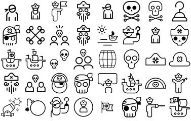 A Collection Of Pirates Isolated Silhouette Solid Icons With Cross-Bones,Sea,Pirate-Hat,Sailor,Pirate Vector Illustration Linear Pictogram Pack