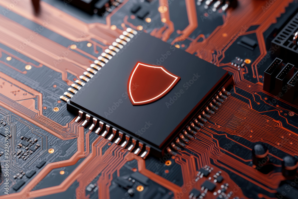 Poster closeup of a computer processor chip with a shield symbol, symbolizing cybersecurity and data protec