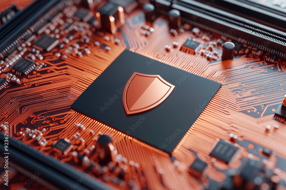 Poster close-up of a computer circuit board with a black security shield icon, highlighting cybersecurity a