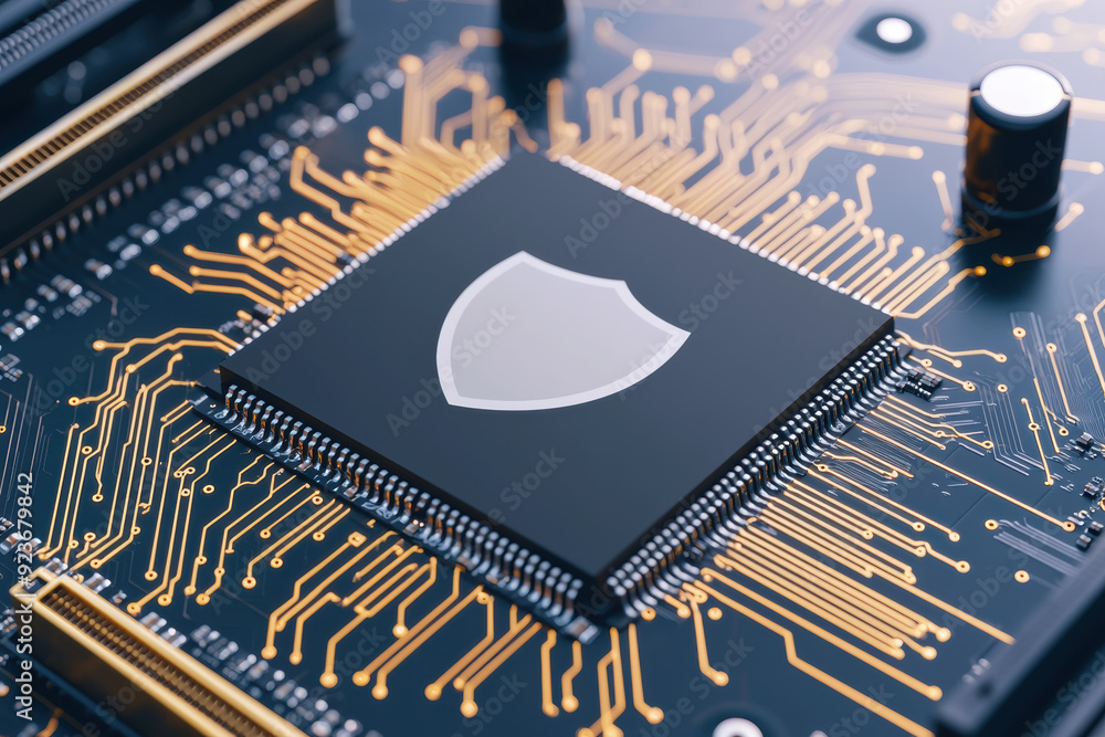 Poster close-up of a microchip with a shield icon on a circuit board symbolizing cybersecurity, information